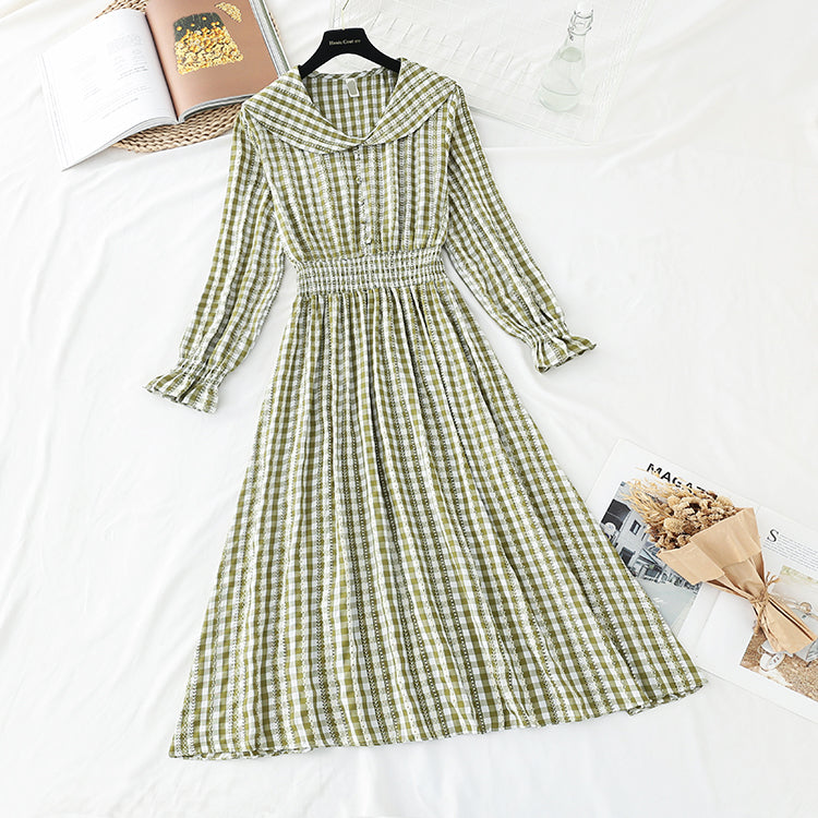 French retro Plaid Platycodon skirt shows thin temperament at the waist  4530