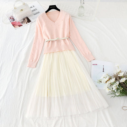 New gentle sweater with mesh suspender skirt two-piece set  4552