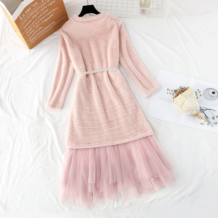 New mink sweater + women's mesh half skirt two-piece set  4310