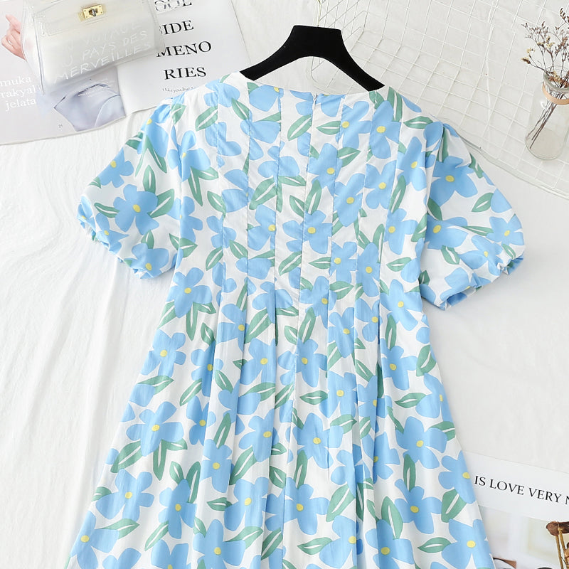Bubble sleeve cotton linen dress gentle wind broken flowers  4248