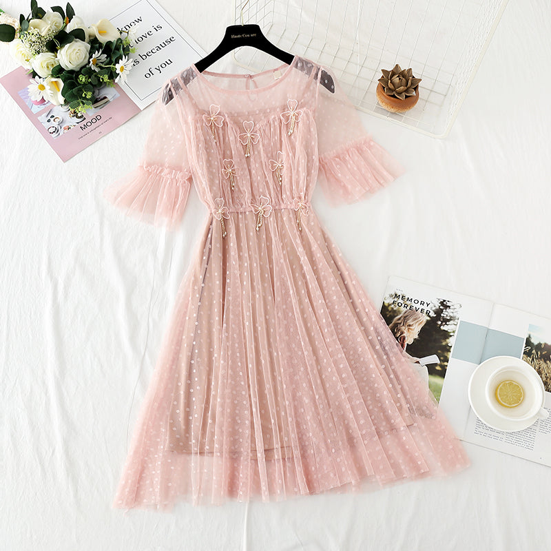 Flower Rhinestone bead mesh dress  4407