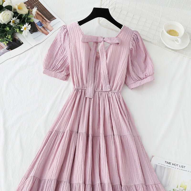 French square neck cotton linen dress  4275