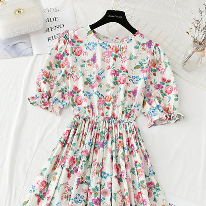 French gentle wind bubble sleeve skirt with thin waist and floral long skirt  4238