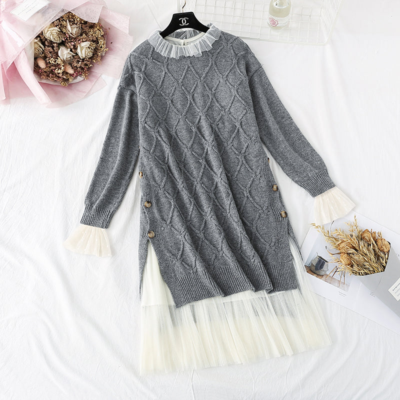 French retro Pullover + mesh bottomed skirt two-piece suit skirt  4454