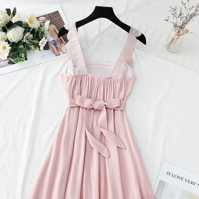 Cotton linen dress French retro gentle suspender dress  4263