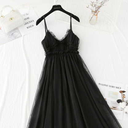 Sweet mesh dress temperament small black skirt with waist closed  4410