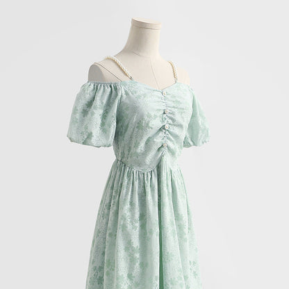French off shoulder suspender cotton linen dress  4293