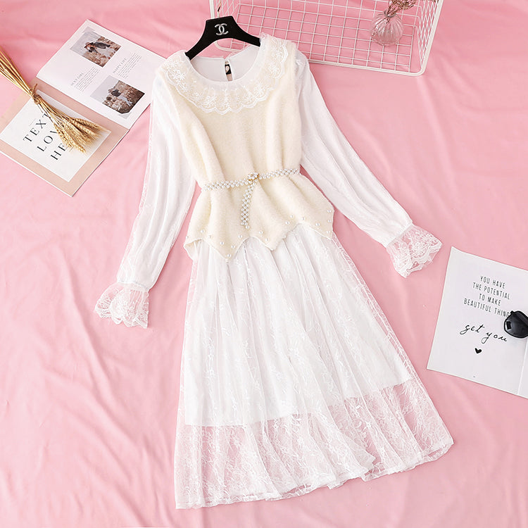 Mink sweater lace with bottomed skirt suit two-piece suit foreign style  4491