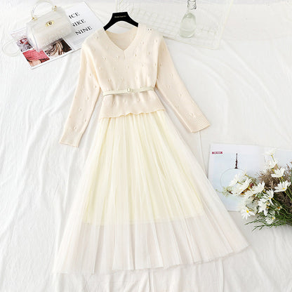 New gentle sweater with mesh suspender skirt two-piece set  4403