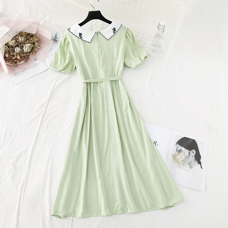 French retro waist closed to show thin temperament bubble sleeve skirt  4144