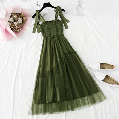 The waist shows thin temperament. Fairy super fairy sweet suspender long skirt  4103