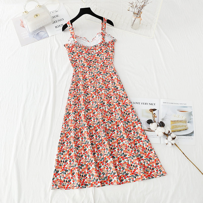 Gentle wind suspender dress French retro floral  4129