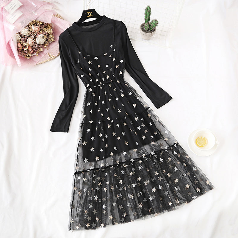 French minority pentagonal star mesh suit skirt  4467