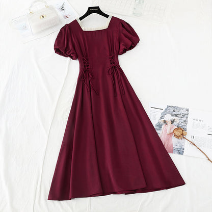 French retro square collar first love waist closing thin fairy skirt  4223
