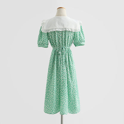 French retro doll neck cotton linen Floral Dress  4290