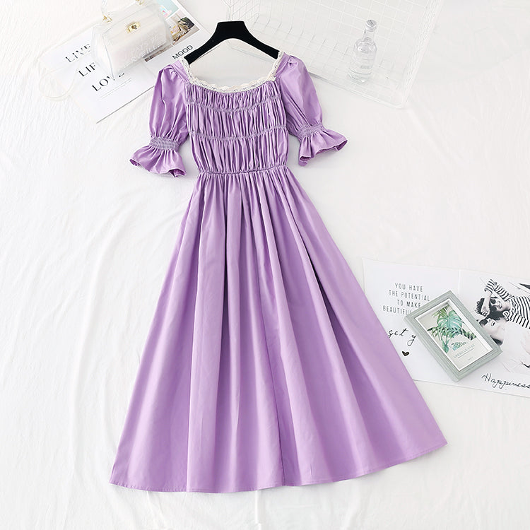 Close waist to show thin temperament square neck skirt French retro long skirt  4149