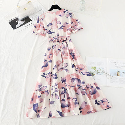 V-neck bubble sleeves, slim waist, large hem and long skirt  4199