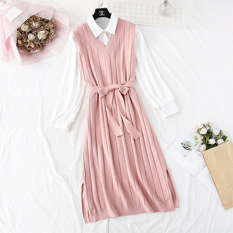 High necked Royal sister wind inner tie knit dress  4492