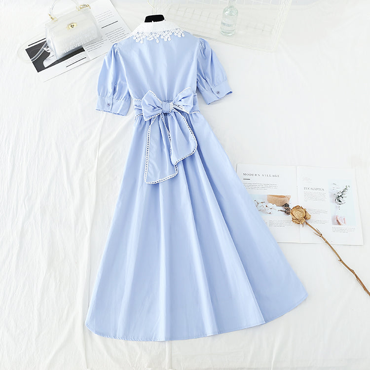 Lace doll neck dress bow belt waist slim  4191
