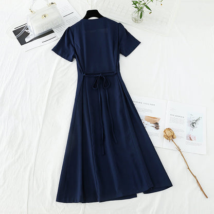 V-neck simple temperament goddess pure color cotton linen slim skirt  4204