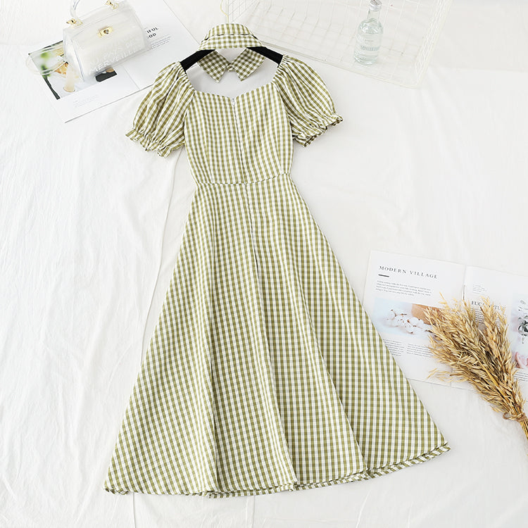 Narrow waist, thin temperament, bubble sleeve design, minority French retro plaid skirt  4214