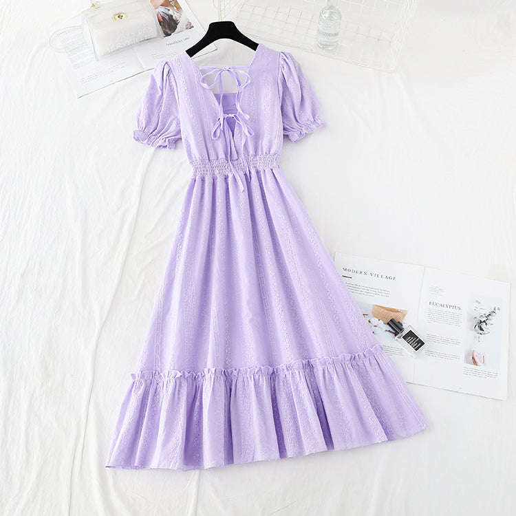 Cotton hemp hook embroidery French retro waist closing slim skirt  4202
