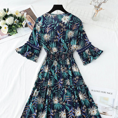 V-neck temperament slim waist long skirt seaside resort beach skirt  4257