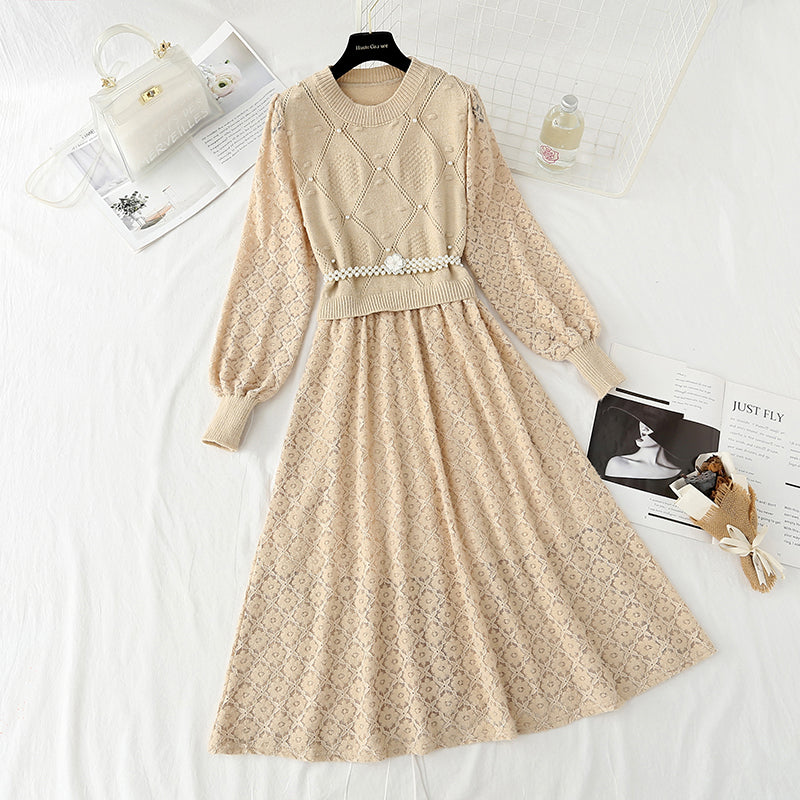 New knitted bottomed dress women's lace patchwork skirt  4441