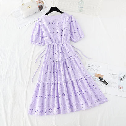 Hook embroidery French retro waist closing long skirt with thin temperament  4221