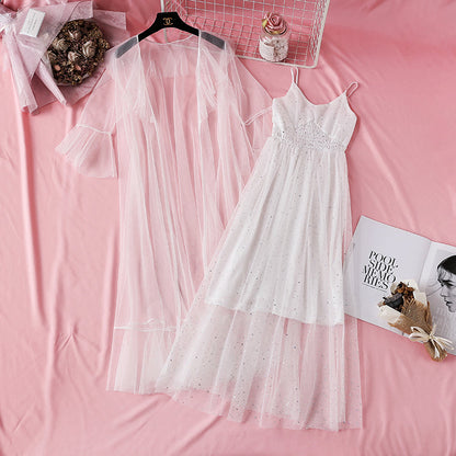 Sequin mesh dress suspender skirt two piece suit  4478