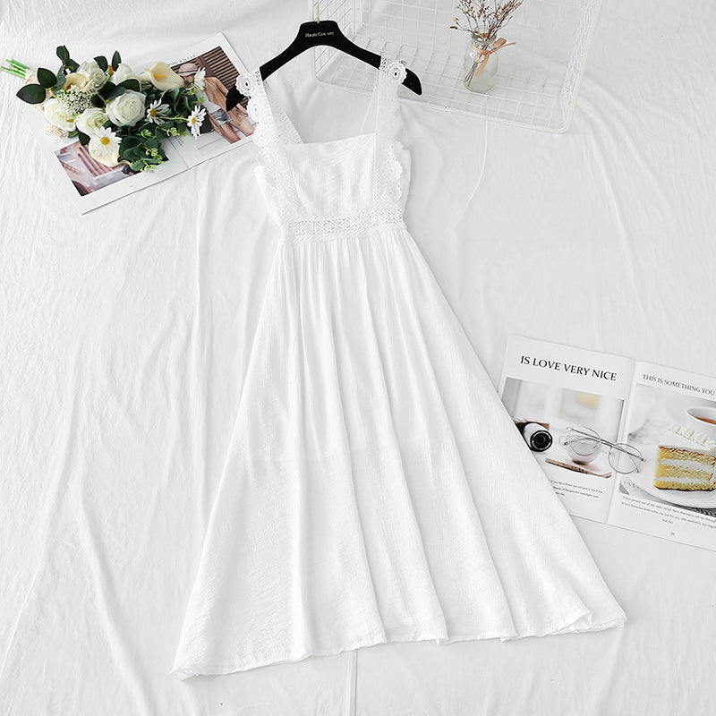 Cotton linen dress French retro gentle suspender dress  4263