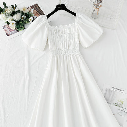 New French square neck off shoulder bubble sleeve cotton linen dress  4255