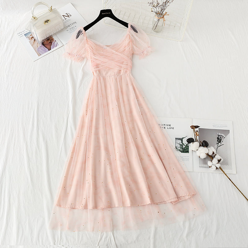 French long dress square neck bubble sleeve fairy skirt  4419