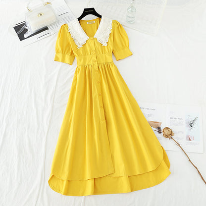 Lace doll neck dress bow belt waist slim  4191