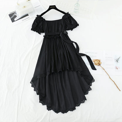 Narrow waist, thin bubble sleeve temperament, sweet white irregular skirt  4194