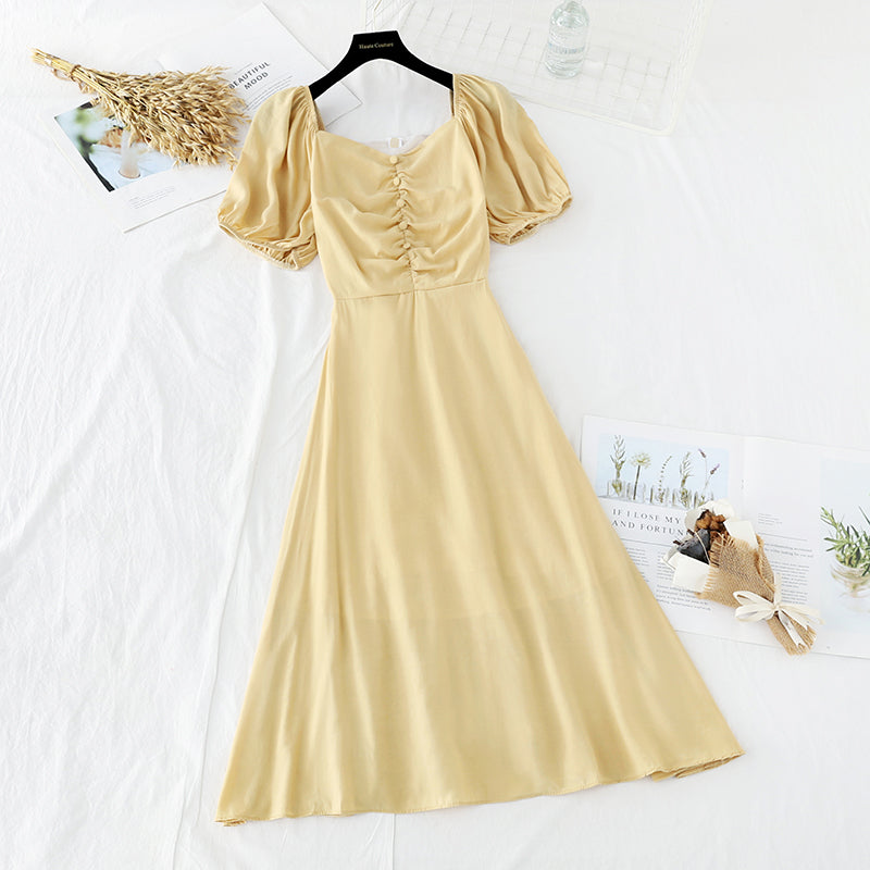 Bubble sleeve French retro long skirt  4187