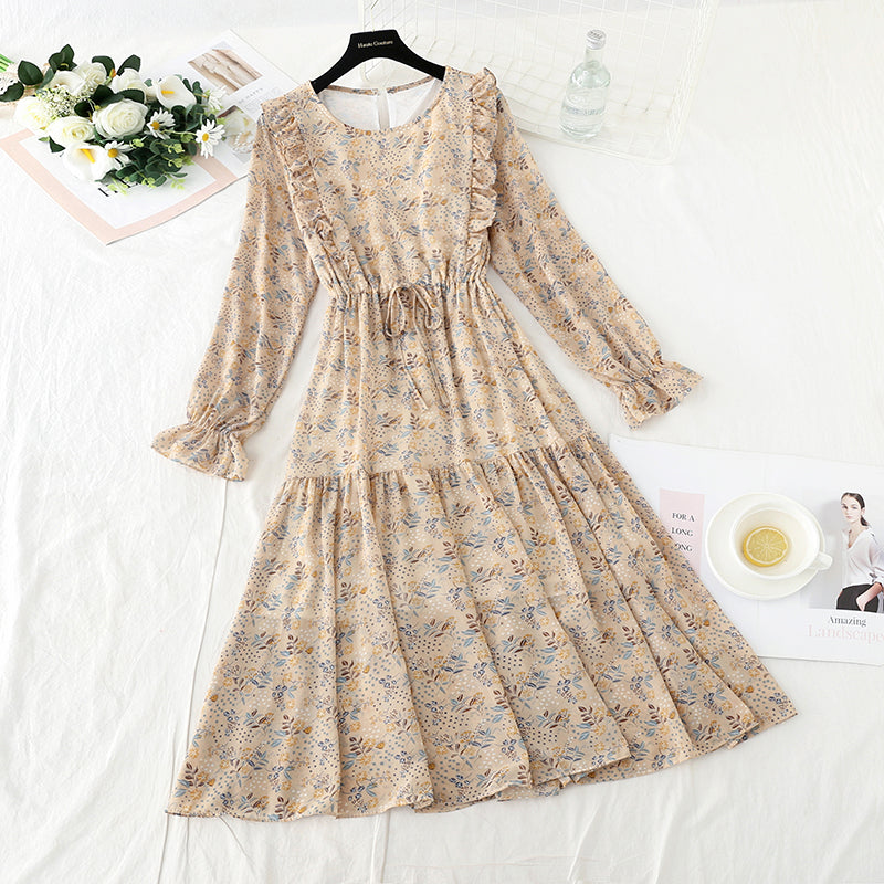 Chiffon waistband slim round neck fungus super xiansen floral skirt  3932