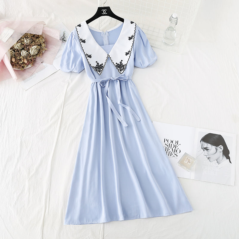 French retro waist closed to show thin temperament bubble sleeve skirt  4144