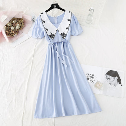 French retro waist closed to show thin temperament bubble sleeve skirt  4144