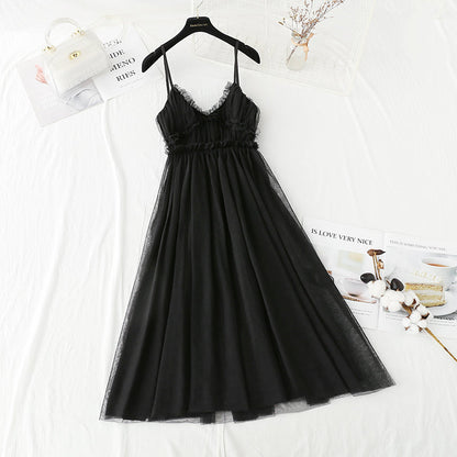 Sweet mesh dress temperament small black skirt with waist closed  4128