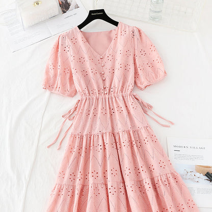 Hook embroidery French retro waist closing long skirt with thin temperament  4221