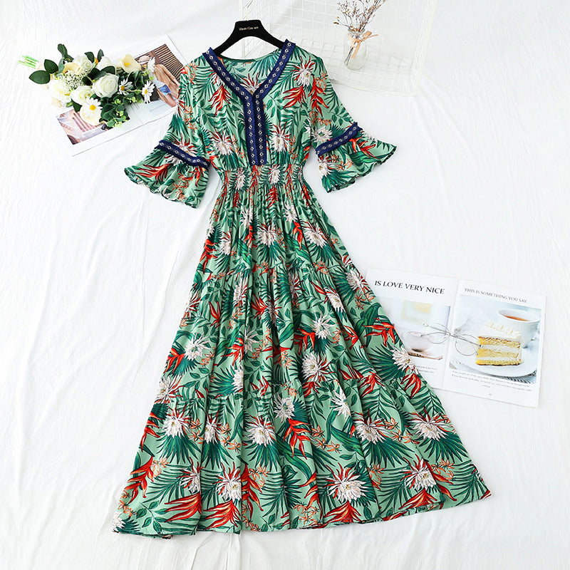 V-neck temperament slim waist long skirt seaside resort beach skirt  4257
