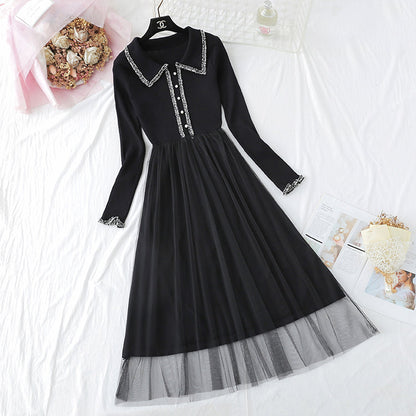 New mesh stitching small fragrance fairy slim bottom skirt  4300