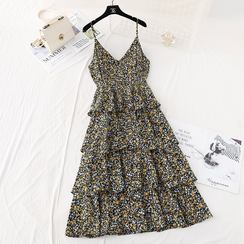 Floral suspender dress with a slim waist  4112