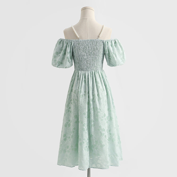 French off shoulder suspender cotton linen dress  4293