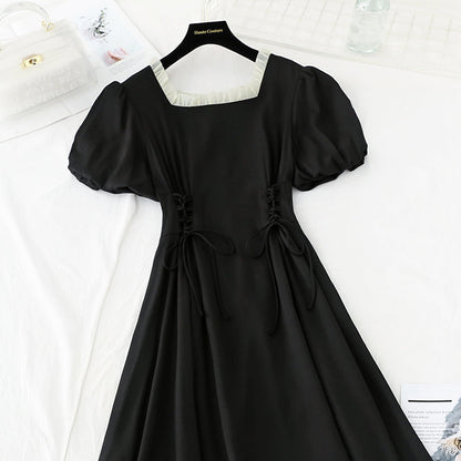New French retro square neck first love waist slim fairy skirt  4226