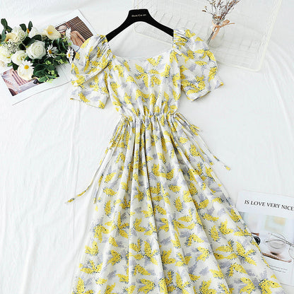 French bubble sleeves open waist, retro, gentle waist, slim skirt  4264