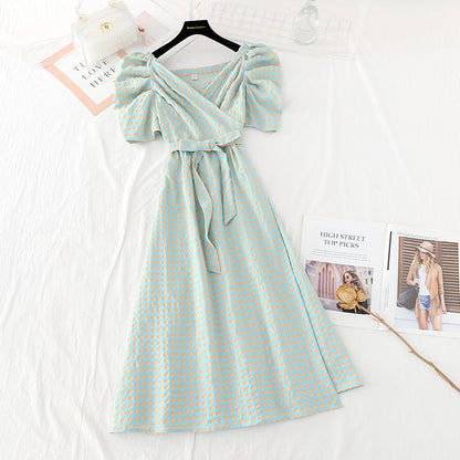 One piece dress with slim waist Cotton Linen Skirt French dress  4171
