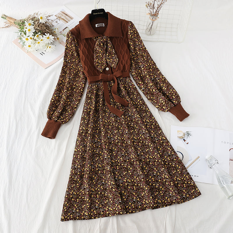 Patchwork lace up floral skirt slim elastic waist Corduroy Skirt  4086