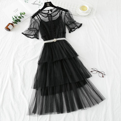 Mesh dress high waist layered cake skirt  4338